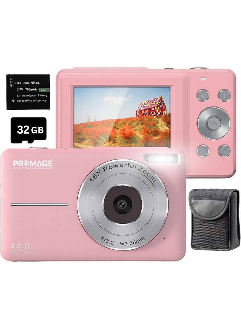 PROMAGE PC100 Pink Digital Camera 44MP 1080P Full HD Compact Camera 16X Digital Zoom 2.4 Inch IPS Screen Autofocus Webcam Rechargeable Battery TF Card Support - Image 1